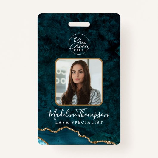 Blauwgroen Gold Agate Marble Business Logo Bedrijf Badge (Voorkant)