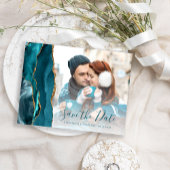 Blauwgroen Gold Agate Photo Save the Date Briefkaart