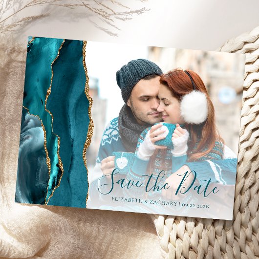 Blauwgroen Gold Agate Photo Save the Date Briefkaart