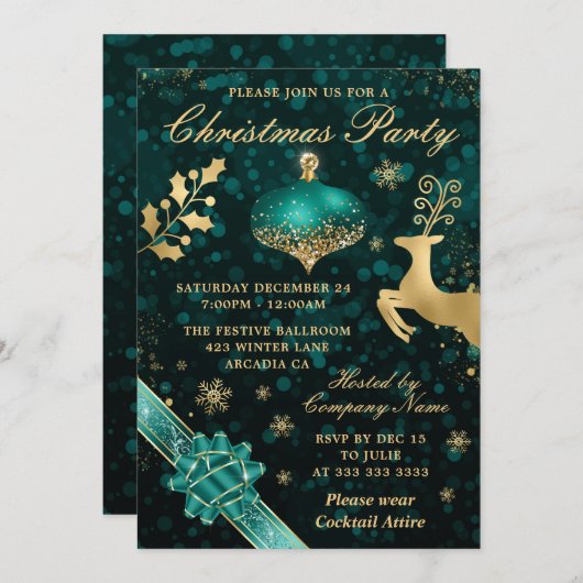 Blauwgroen & Gold Bauble & Ribbon-kerstfeest Kaart (Voorkant / Achterkant)