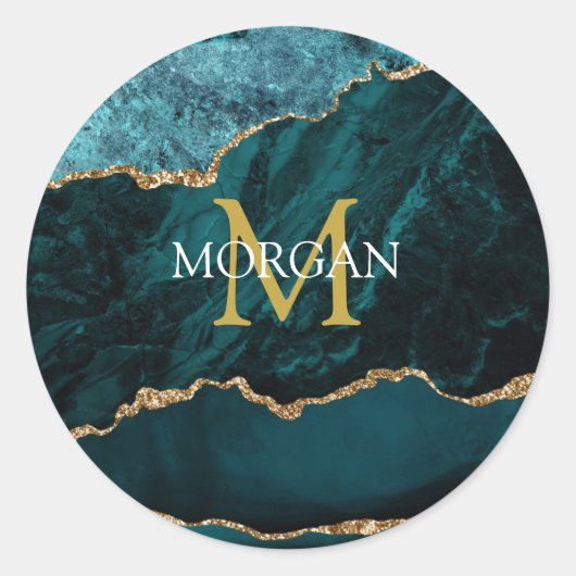 Blauwgroen Gold Black Agate, naam & monogram, Gold Ronde Sticker (Voorkant)