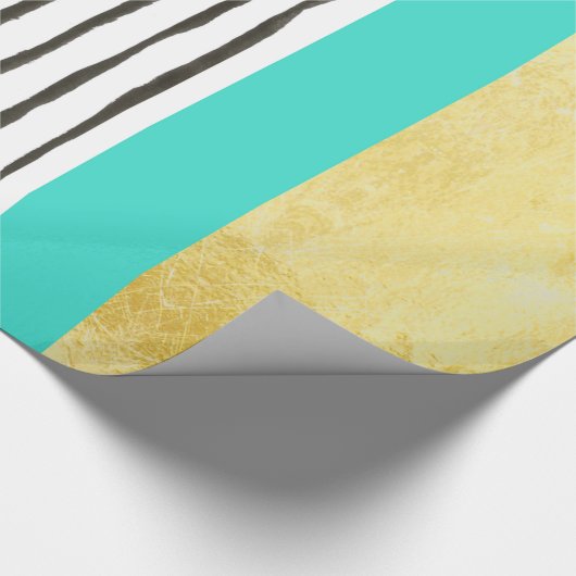 Blauwgroen Gold Black en White Stripes Wrapping Pa Cadeaupapier (Hoek)