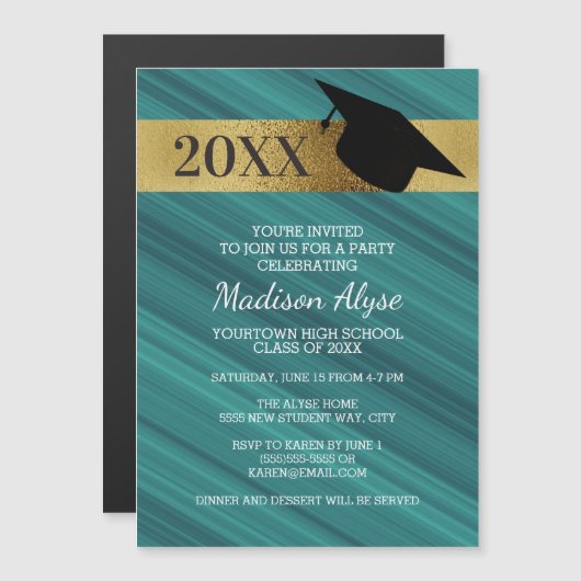 Blauwgroen Gold Black Graduation Party Magnetische Uitnodiging (Voorkant / Achterkant)