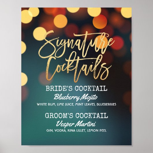 Blauwgroen Gold Bokeh Light Wedding Signature Drin Poster (Voorkant)