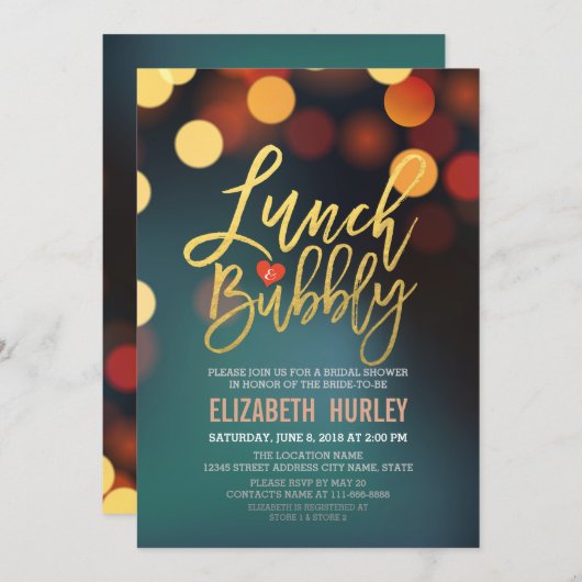 Blauwgroen Gold Bokeh Lights Lunch Bubble Vrijgeze Kaart (Voorkant / Achterkant)