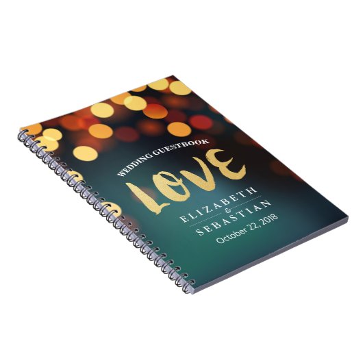Blauwgroen Gold Bokeh String Lights Wedding Guestb Notitieboek (Rechterzijde)