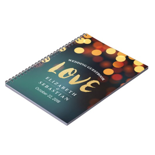 Blauwgroen Gold Bokeh String Lights Wedding Guestb Notitieboek (Linkerzijde)