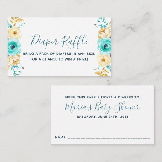 Blauwgroen Gold Boy Baby shower Luier Raffle Ticke Informatiekaartje (Voorkant / Achterkant)