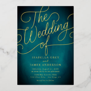 Blauwgroen Gold Calligraphy Script Wedding Folie Uitnodiging