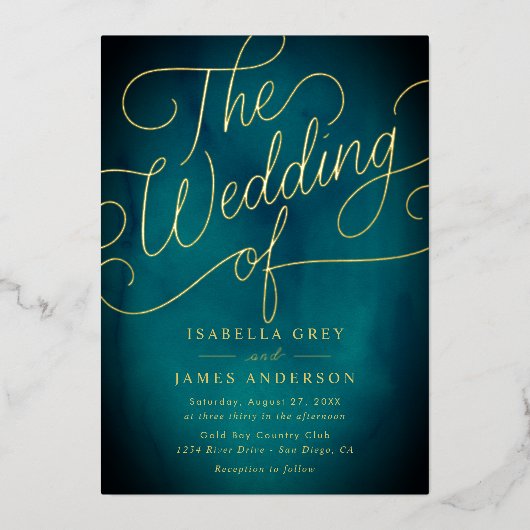 Blauwgroen Gold Calligraphy Script Wedding Folie Uitnodiging (Voorkant)
