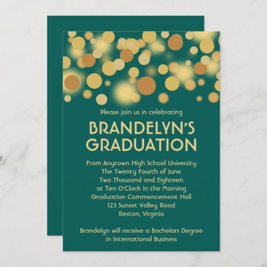 Blauwgroen Gold Celebration Afstuderen kondiging Kaart (Voorkant / Achterkant)