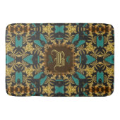 Blauwgroen Gold Damask Esque Pattern Monogram Bath Badmat (Voorkant)