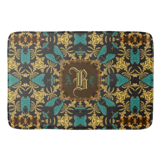Blauwgroen Gold Damask Esque Pattern Monogram Bath Badmat (Voorkant)