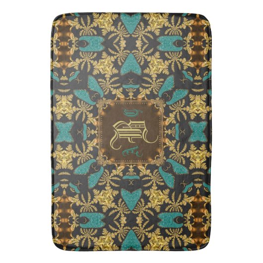 Blauwgroen Gold Damask Esque Pattern Monogram Bath Badmat (Voorkant Verticaal)