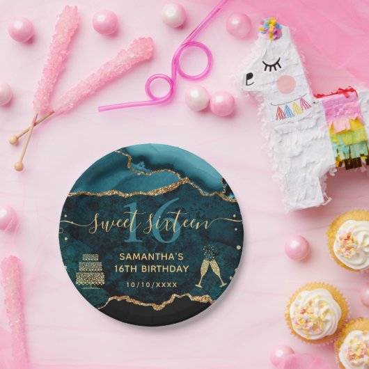 Blauwgroen & Gold Faux Glitter Agate Marble Sweet  Papieren Bordje (Feest)