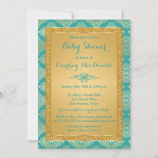 Blauwgroen, Gold FAUX Glitter Baby shower nodigt u Kaart (Voorkant)