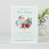 Blauwgroen Gold Floral Teacup-kerstfeest Kaart (Staand voorkant)