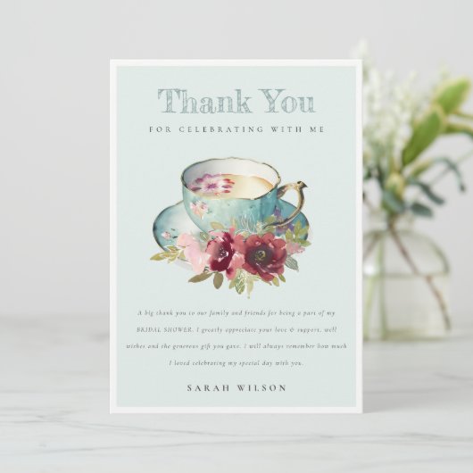 Blauwgroen Gold Floral Teacup Vrijgezellenfeest Te Bedankkaart (Staand voorkant)