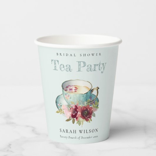 Blauwgroen Gold Floral Teacup Vrijgezellenfeest Te Papieren Bekers (Achterkant)