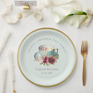 Blauwgroen Gold Floral Teacup Vrijgezellenfeest Te Papieren Bordje