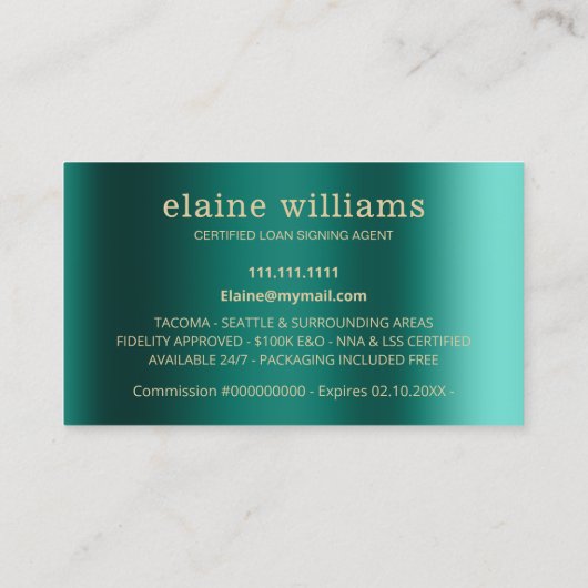 Blauwgroen Gold Glam Notional Loan Signing Agent Visitekaartje (Achterkant)