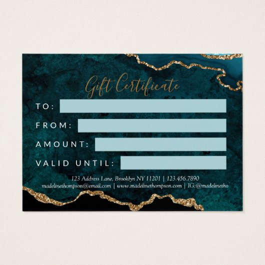 Blauwgroen Gold Glitter Agaat Zakelijk Cadeaubon Visitekaartje (Achterkant)