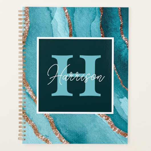 Blauwgroen &Gold Glitter Alcohol Ink Monogram en N Planner (Voorkant)