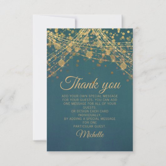 Blauwgroen Gold Glitter Bokeh Birthday Party Harte Bedankkaart (Voorkant)