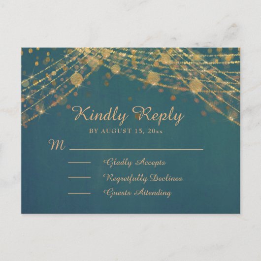 Blauwgroen Gold Glitter String Lights Quinceañera  Briefkaart (Voorkant)