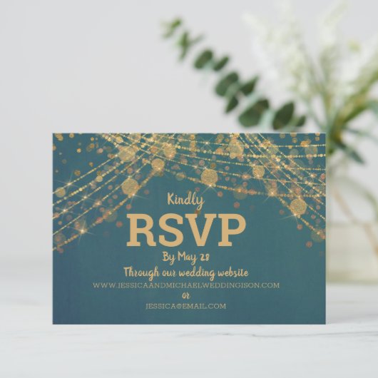 Blauwgroen Gold Glitter String LIghts Wedding RSVP Kaartje (Staand voorkant)