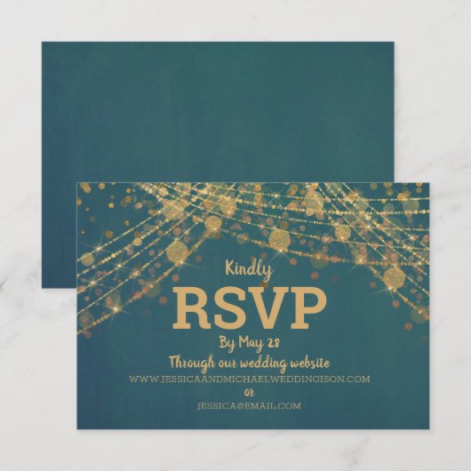 Blauwgroen Gold Glitter String LIghts Wedding RSVP Kaartje (Voorkant / Achterkant)