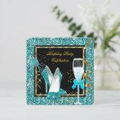 Blauwgroen Gold High Heels Glitter Birthday Black Kaart (Staand voorkant)