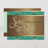 Blauwgroen Gold Lace Border Save the Date Briefkaa Aankondigingskaart (Voorkant / Achterkant)