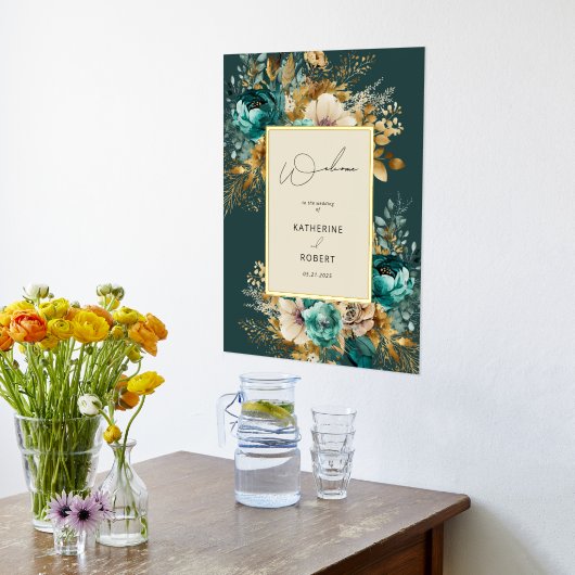 Blauwgroen Gold Luxe Bloemenbruiloft Welkom Folie Afdrukken (Laag (Keuken))