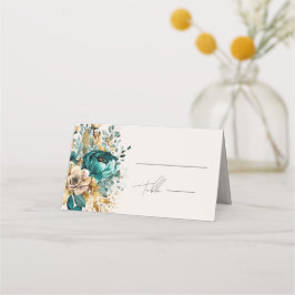 Blauwgroen Gold Luxe Floral Wedding Place Card Plaatskaartje