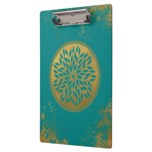 Blauwgroen-Gold Mandala op Grunge Gold Blauwgroen Klembord (Links)