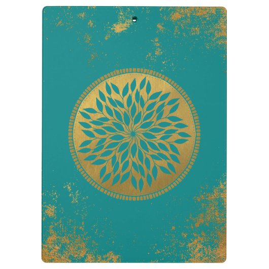 Blauwgroen-Gold Mandala op Grunge Gold Blauwgroen Klembord (Achterkant)