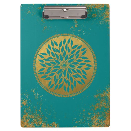 Blauwgroen-Gold Mandala op Grunge Gold Blauwgroen Klembord (Voorkant)