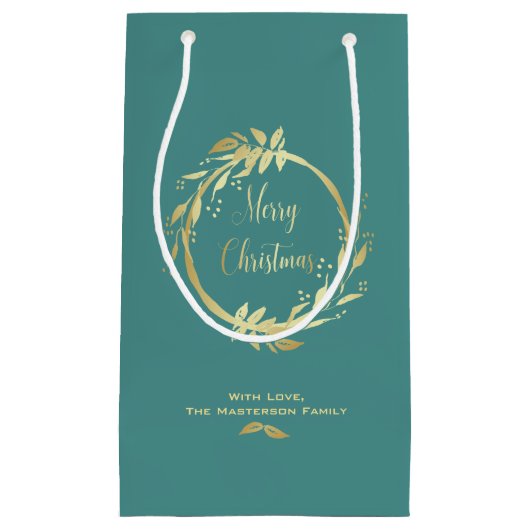 Blauwgroen Gold Merry kerst Holly Wreath Holiday Klein Cadeauzakje (Voorkant)