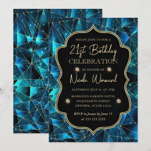 Blauwgroen & Gold Midnight Crystal Galaxy 21st Bir Kaart (Voorkant / Achterkant)