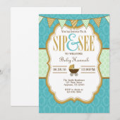 Blauwgroen Gold Mint Green Sip en zie uitnodiging (Voorkant / Achterkant)