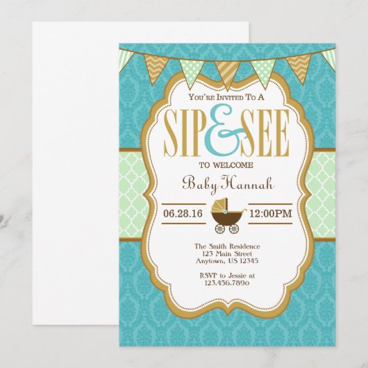Blauwgroen Gold Mint Green Sip en zie uitnodiging (Voorkant / Achterkant)