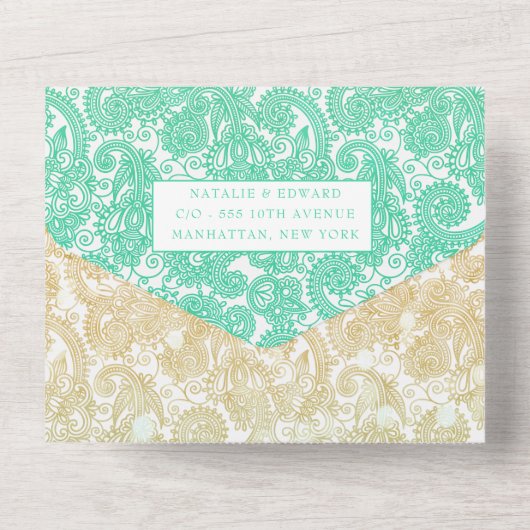 Blauwgroen Gold Ombre Paisley Henna Wedding RSVP All In One Uitnodiging (Achterkant)