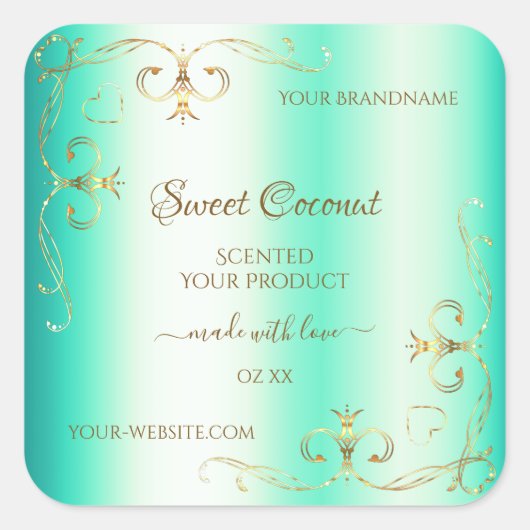 Blauwgroen Gold  Ornamenten Productlabels Vierkante Sticker (Voorkant)