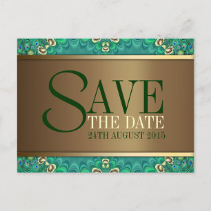 Blauwgroen Gold Peacock Save the Date Briefkaart