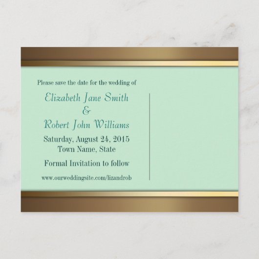 Blauwgroen Gold Peacock Save the Date Briefkaart (Achterkant)