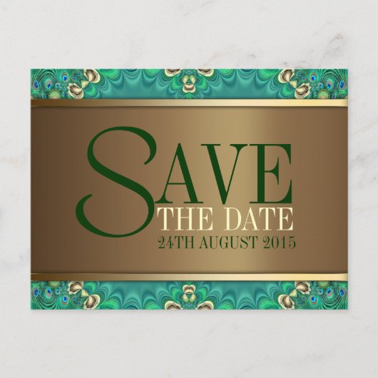 Blauwgroen Gold Peacock Save the Date Briefkaart (Voorkant)