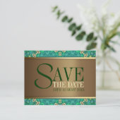 Blauwgroen Gold Peacock Save the Date Briefkaart (Staand voorkant)