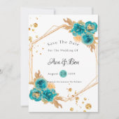 Blauwgroen Gold Peony Geometric Save The Date Kaar Kaart (Voorkant)