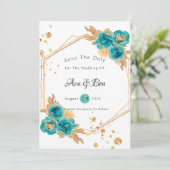 Blauwgroen Gold Peony Geometric Save The Date Kaar Kaart (Staand voorkant)